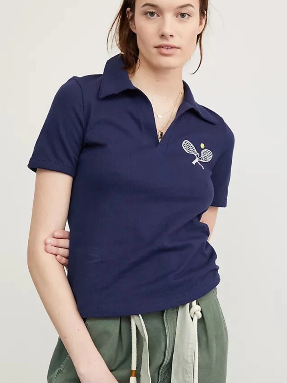 Anthropologie Maeve Navy Newport Polo Top w/ Tennis Graphic Sporty Preppy Summer